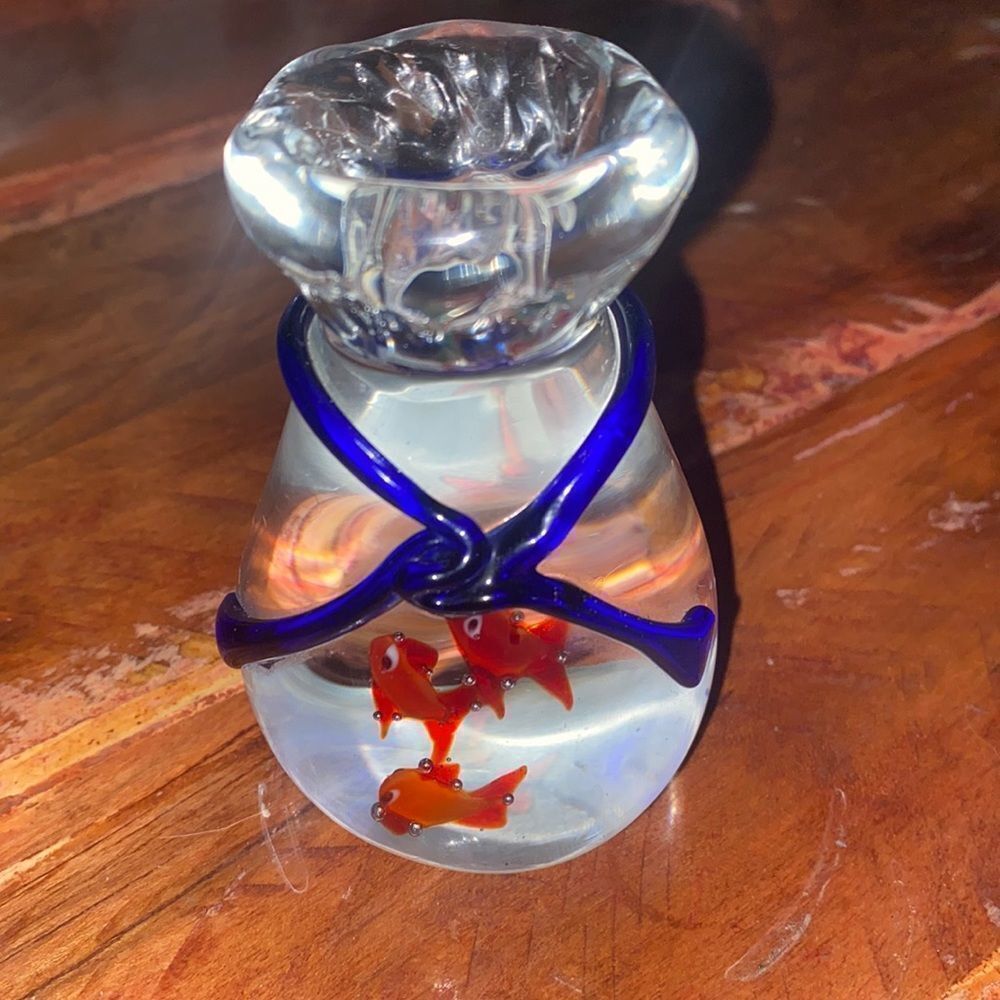 Murano Style Hand Blown Art Glass- Penco Paperweight Bag of 3 Goldfish  Blue Tie